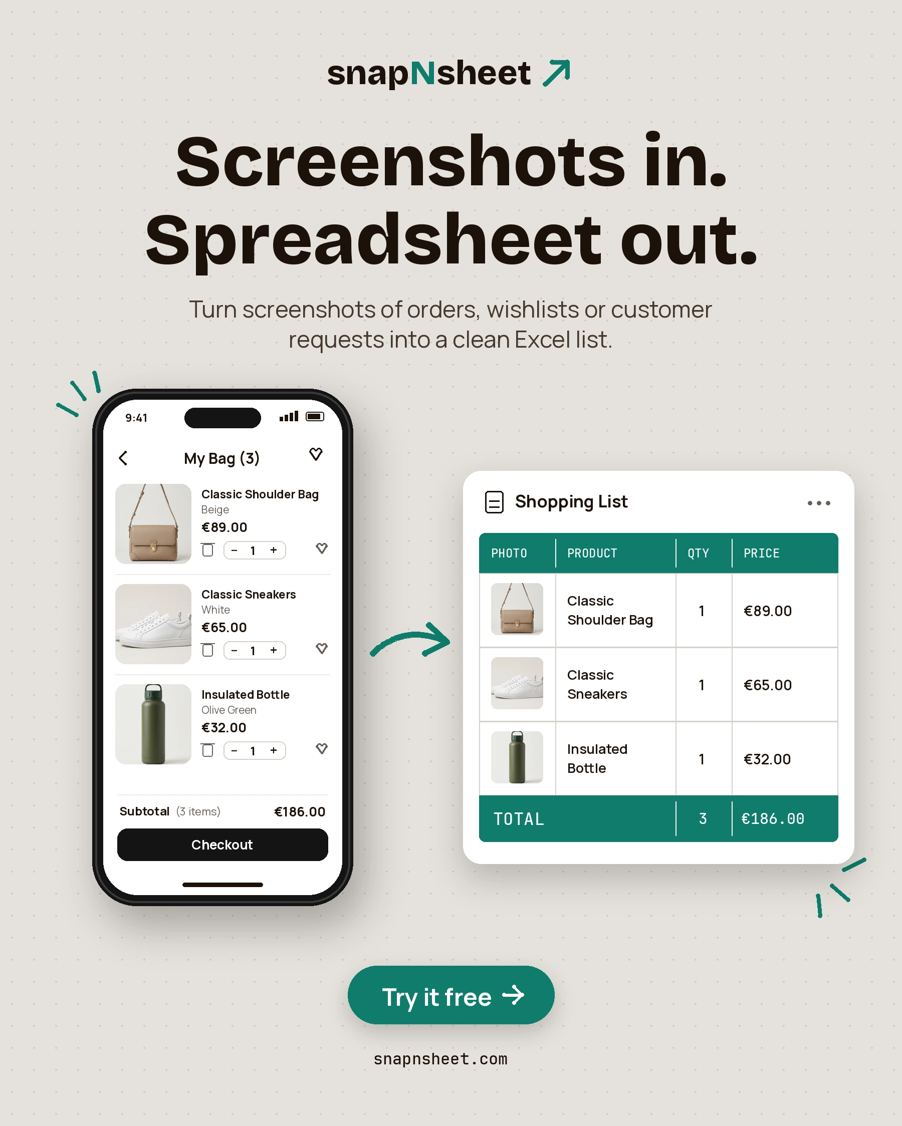 snapNsheet. Screenshots in. Spreadsheet out. A shopping bag screenshot turned into an Excel list with photos, quantities, prices and a total.